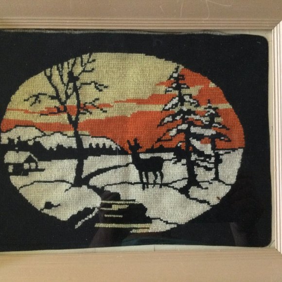 Vintage needlepoint needlework embroidery hand craft deer trees solid wood frame - Picture 2 of 3